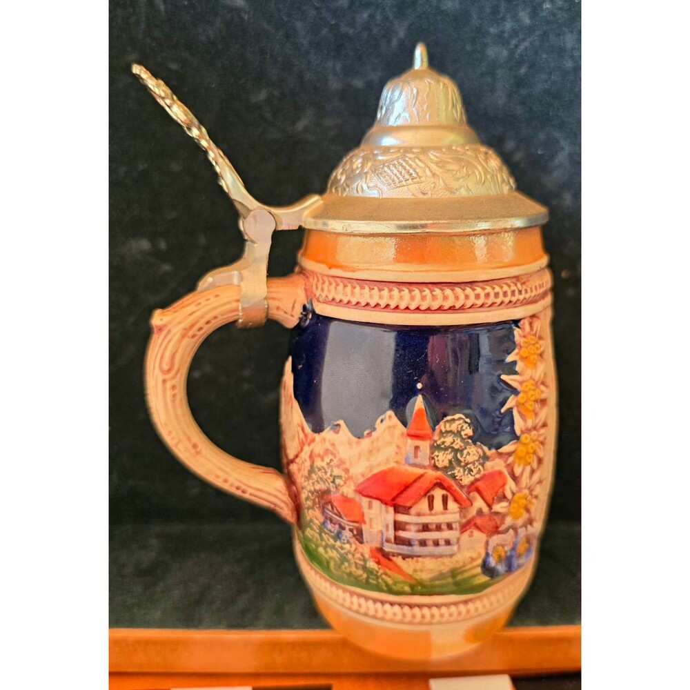 :Vintage Gerz West Germany Lidded Beer Stein - Alpine Village Church Scene